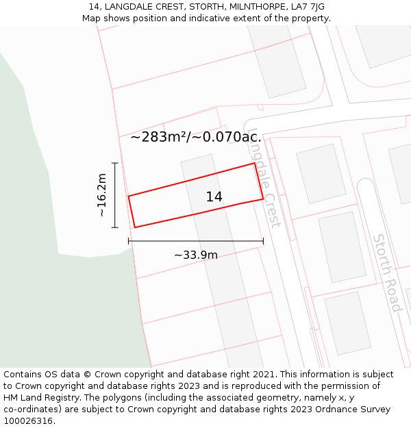14, LANGDALE CREST, STORTH, MILNTHORPE, LA7 7JG: Plot and title map