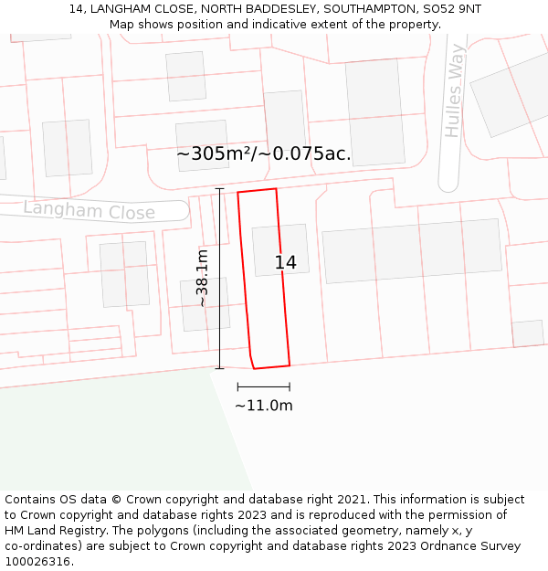 14, LANGHAM CLOSE, NORTH BADDESLEY, SOUTHAMPTON, SO52 9NT: Plot and title map