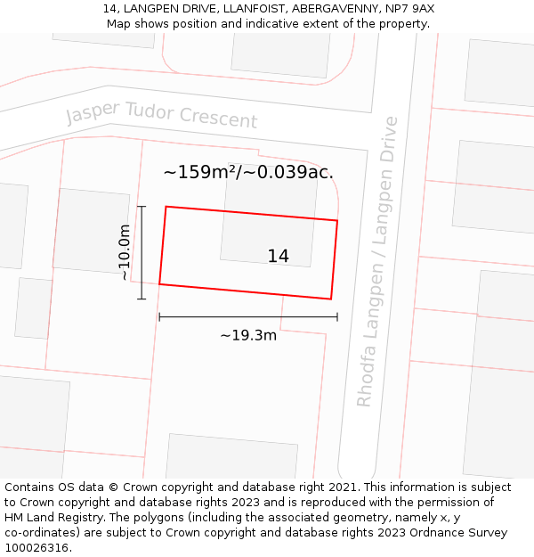 14, LANGPEN DRIVE, LLANFOIST, ABERGAVENNY, NP7 9AX: Plot and title map