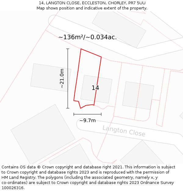 14, LANGTON CLOSE, ECCLESTON, CHORLEY, PR7 5UU: Plot and title map