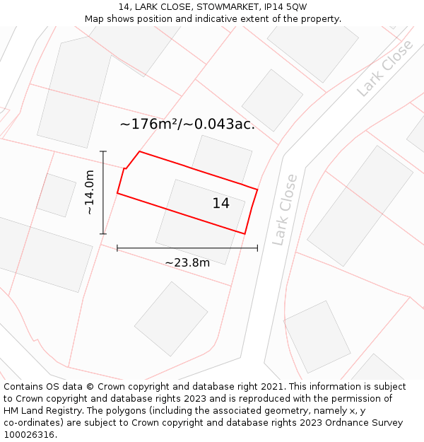 14, LARK CLOSE, STOWMARKET, IP14 5QW: Plot and title map