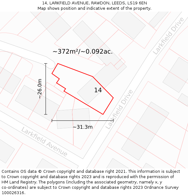 14, LARKFIELD AVENUE, RAWDON, LEEDS, LS19 6EN: Plot and title map