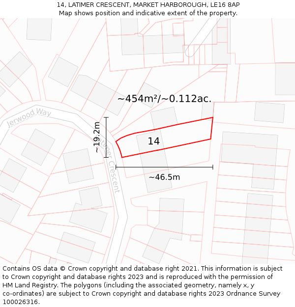 14, LATIMER CRESCENT, MARKET HARBOROUGH, LE16 8AP: Plot and title map