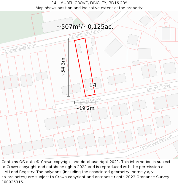 14, LAUREL GROVE, BINGLEY, BD16 2RY: Plot and title map