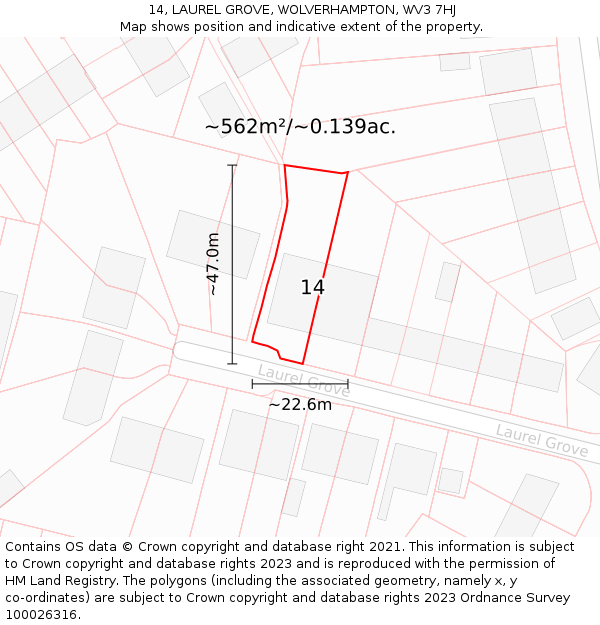 14, LAUREL GROVE, WOLVERHAMPTON, WV3 7HJ: Plot and title map