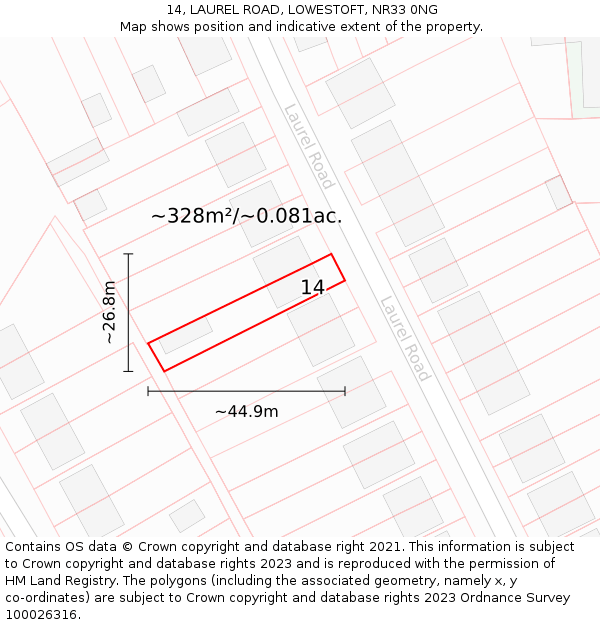 14, LAUREL ROAD, LOWESTOFT, NR33 0NG: Plot and title map