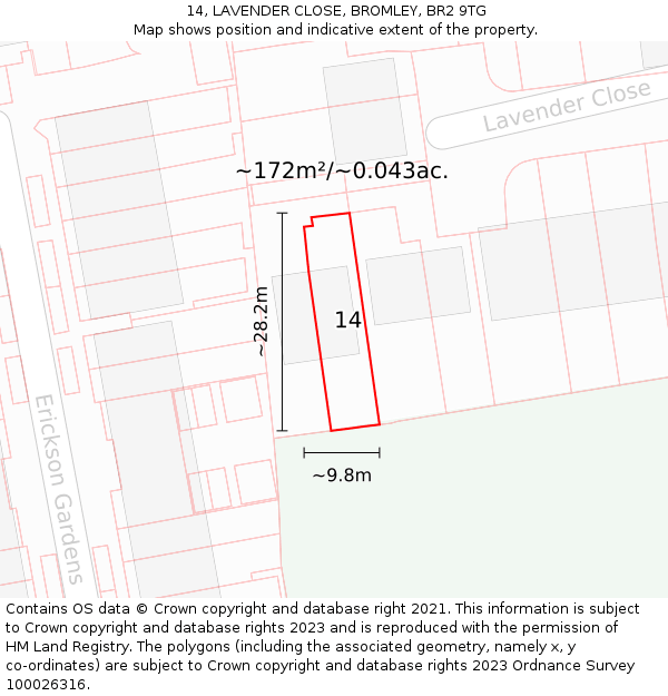 14, LAVENDER CLOSE, BROMLEY, BR2 9TG: Plot and title map