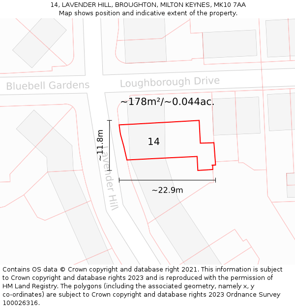 14, LAVENDER HILL, BROUGHTON, MILTON KEYNES, MK10 7AA: Plot and title map