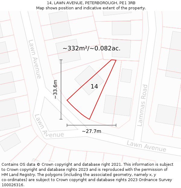14, LAWN AVENUE, PETERBOROUGH, PE1 3RB: Plot and title map