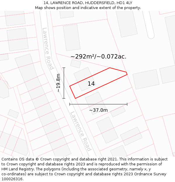 14, LAWRENCE ROAD, HUDDERSFIELD, HD1 4LY: Plot and title map