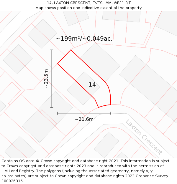 14, LAXTON CRESCENT, EVESHAM, WR11 3JT: Plot and title map