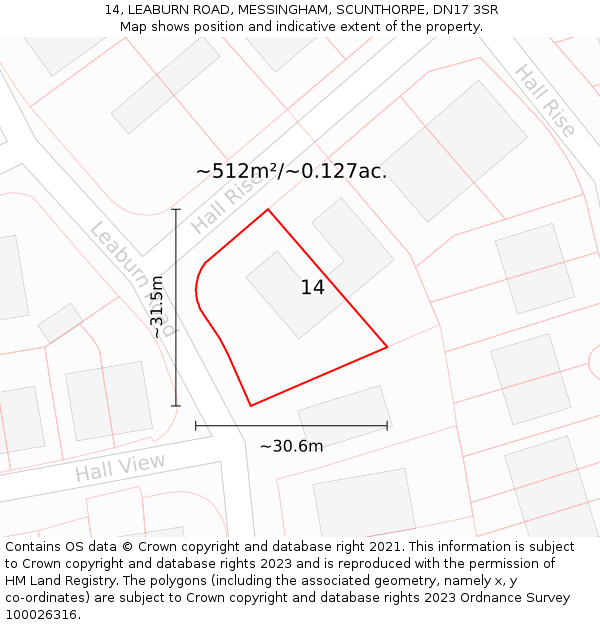 14, LEABURN ROAD, MESSINGHAM, SCUNTHORPE, DN17 3SR: Plot and title map