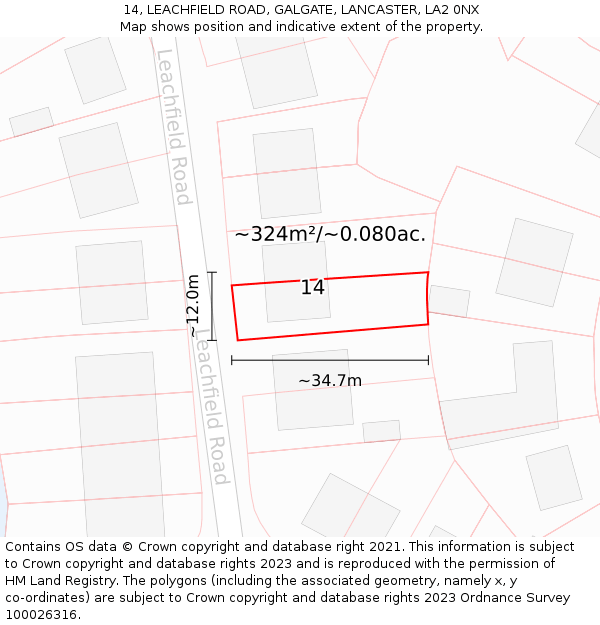 14, LEACHFIELD ROAD, GALGATE, LANCASTER, LA2 0NX: Plot and title map