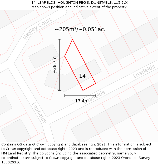 14, LEAFIELDS, HOUGHTON REGIS, DUNSTABLE, LU5 5LX: Plot and title map