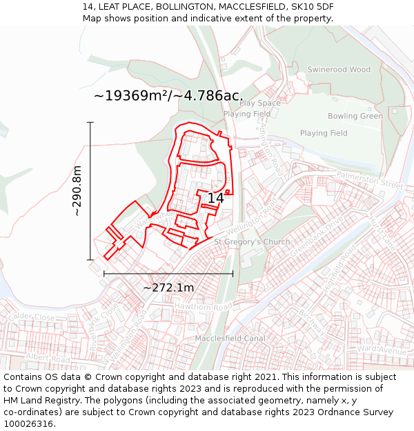 14, LEAT PLACE, BOLLINGTON, MACCLESFIELD, SK10 5DF: Plot and title map