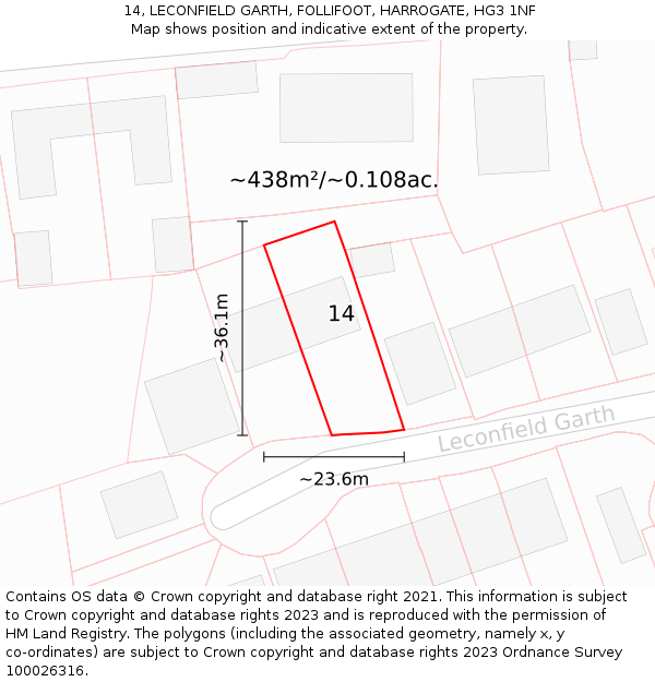 14, LECONFIELD GARTH, FOLLIFOOT, HARROGATE, HG3 1NF: Plot and title map