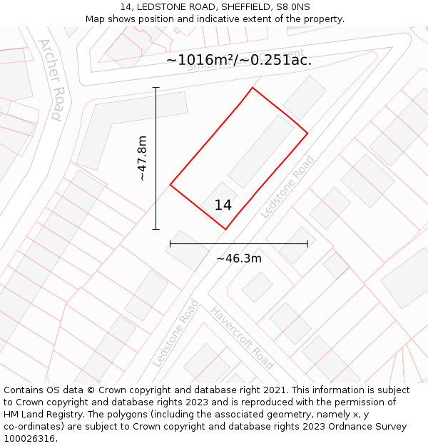 14, LEDSTONE ROAD, SHEFFIELD, S8 0NS: Plot and title map