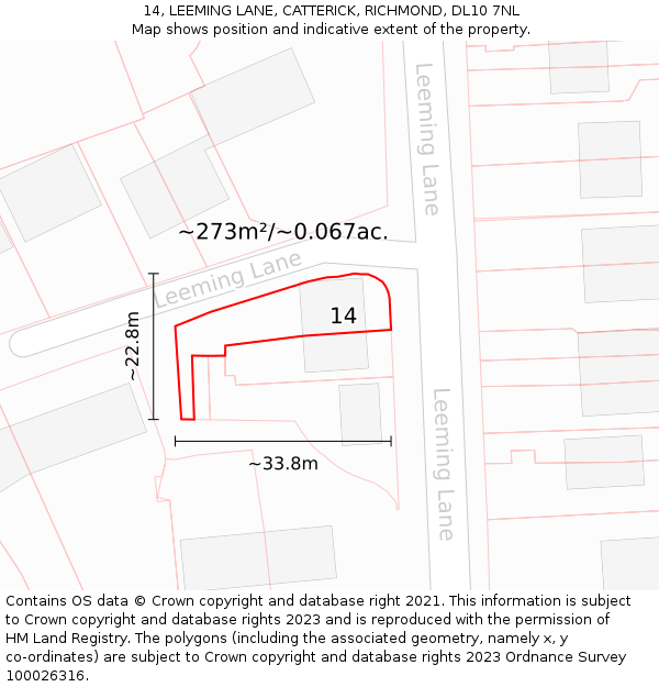 14, LEEMING LANE, CATTERICK, RICHMOND, DL10 7NL: Plot and title map