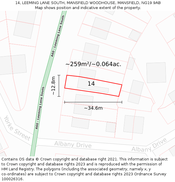 14, LEEMING LANE SOUTH, MANSFIELD WOODHOUSE, MANSFIELD, NG19 9AB: Plot and title map