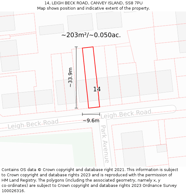 14, LEIGH BECK ROAD, CANVEY ISLAND, SS8 7PU: Plot and title map