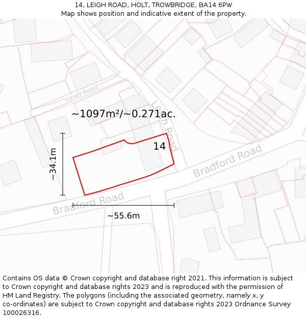 14, LEIGH ROAD, HOLT, TROWBRIDGE, BA14 6PW: Plot and title map
