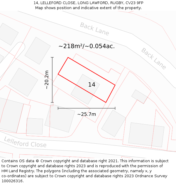 14, LELLEFORD CLOSE, LONG LAWFORD, RUGBY, CV23 9FP: Plot and title map