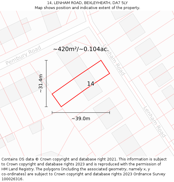 14, LENHAM ROAD, BEXLEYHEATH, DA7 5LY: Plot and title map