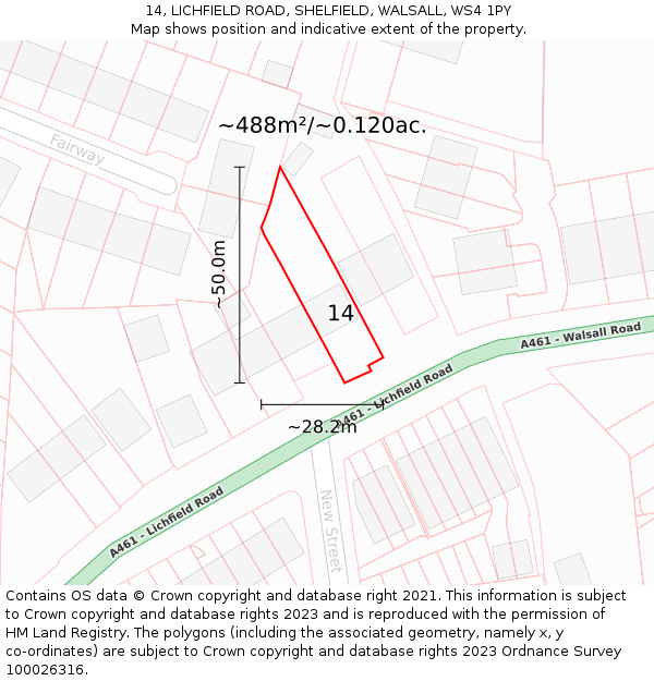 14, LICHFIELD ROAD, SHELFIELD, WALSALL, WS4 1PY: Plot and title map