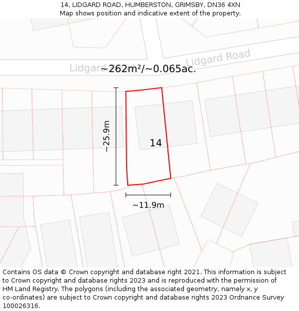 14, LIDGARD ROAD, HUMBERSTON, GRIMSBY, DN36 4XN: Plot and title map