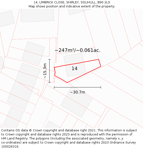 14, LIMBRICK CLOSE, SHIRLEY, SOLIHULL, B90 2LS: Plot and title map