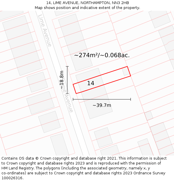 14, LIME AVENUE, NORTHAMPTON, NN3 2HB: Plot and title map