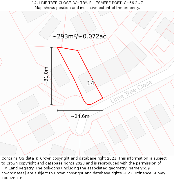 14, LIME TREE CLOSE, WHITBY, ELLESMERE PORT, CH66 2UZ: Plot and title map