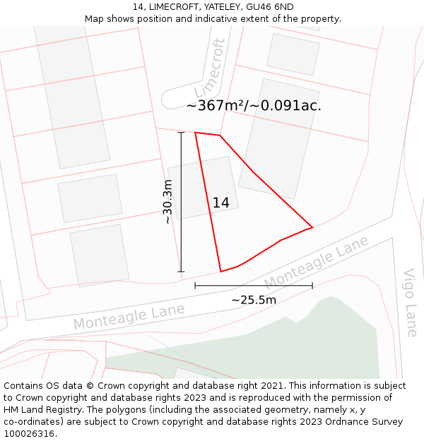 14, LIMECROFT, YATELEY, GU46 6ND: Plot and title map