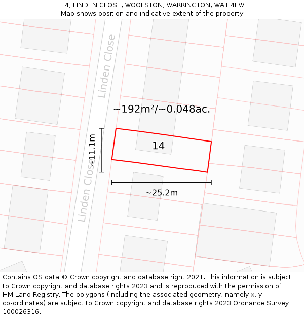14, LINDEN CLOSE, WOOLSTON, WARRINGTON, WA1 4EW: Plot and title map