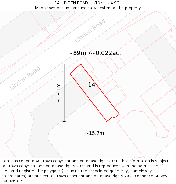 14, LINDEN ROAD, LUTON, LU4 9GH: Plot and title map
