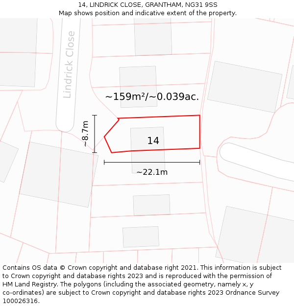 14, LINDRICK CLOSE, GRANTHAM, NG31 9SS: Plot and title map