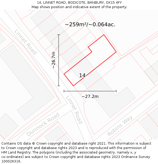 14, LINNET ROAD, BODICOTE, BANBURY, OX15 4FY: Plot and title map