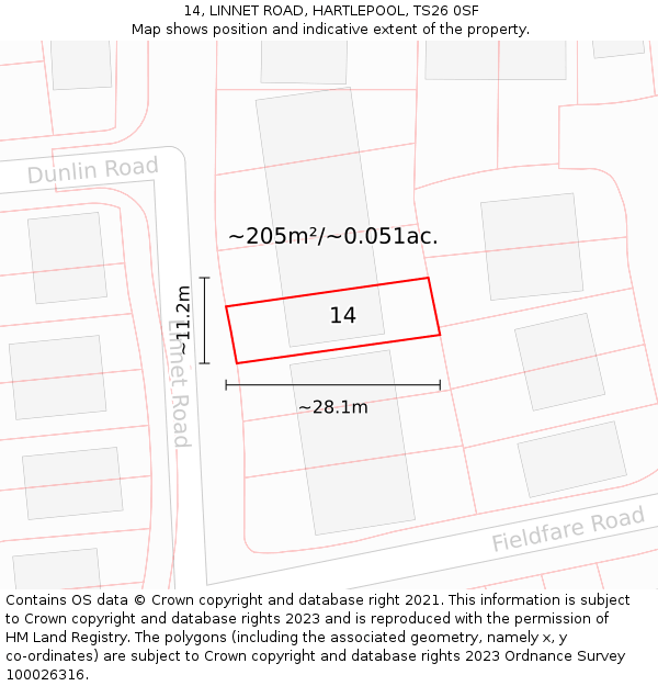 14, LINNET ROAD, HARTLEPOOL, TS26 0SF: Plot and title map