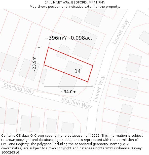 14, LINNET WAY, BEDFORD, MK41 7HN: Plot and title map