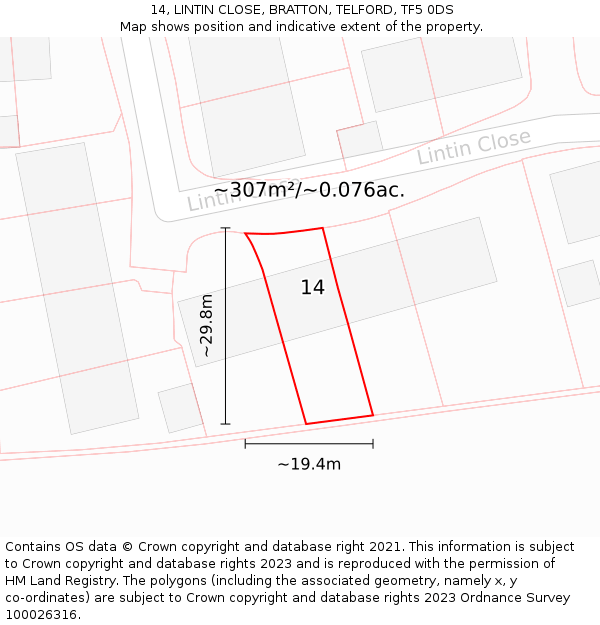 14, LINTIN CLOSE, BRATTON, TELFORD, TF5 0DS: Plot and title map