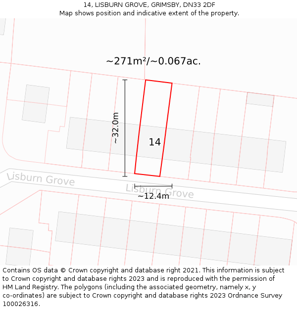 14, LISBURN GROVE, GRIMSBY, DN33 2DF: Plot and title map