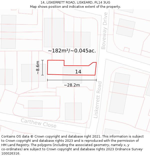 14, LISKERRETT ROAD, LISKEARD, PL14 3UG: Plot and title map