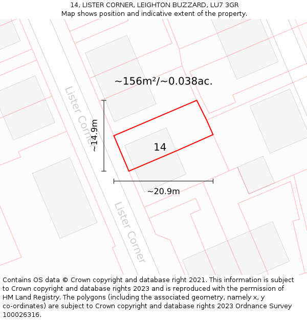 14, LISTER CORNER, LEIGHTON BUZZARD, LU7 3GR: Plot and title map