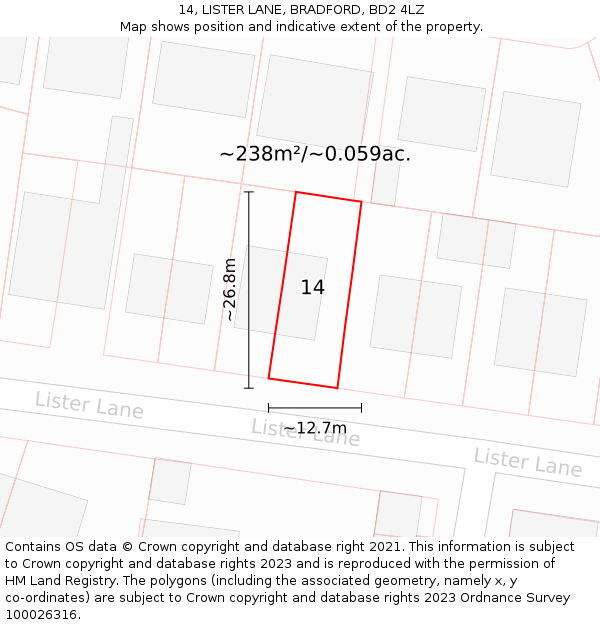 14, LISTER LANE, BRADFORD, BD2 4LZ: Plot and title map