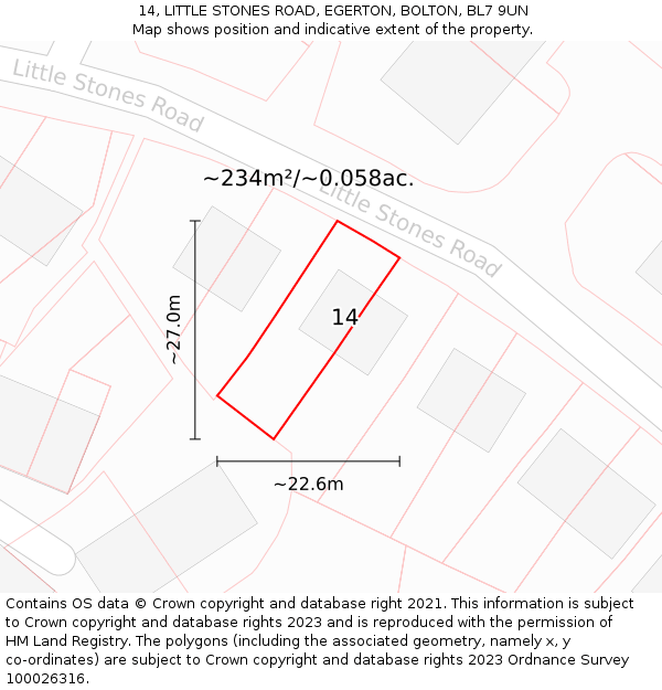14, LITTLE STONES ROAD, EGERTON, BOLTON, BL7 9UN: Plot and title map