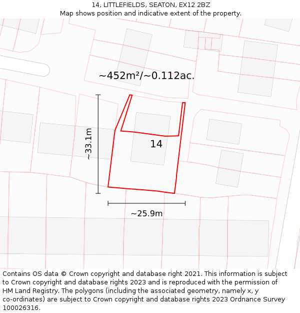 14, LITTLEFIELDS, SEATON, EX12 2BZ: Plot and title map