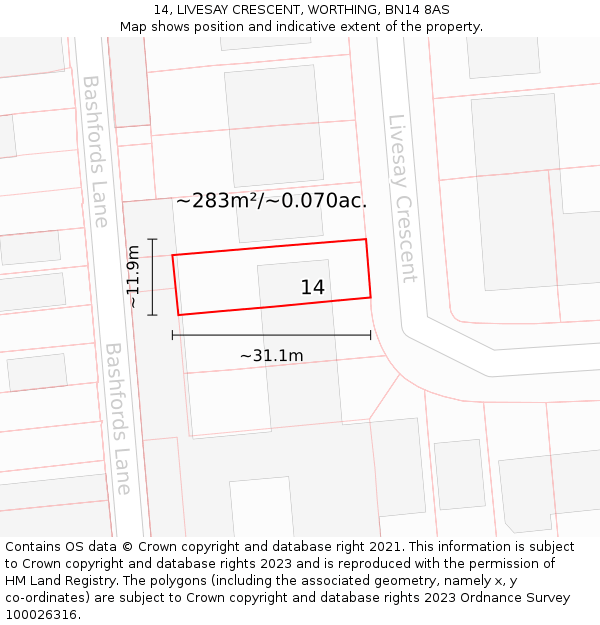 14, LIVESAY CRESCENT, WORTHING, BN14 8AS: Plot and title map