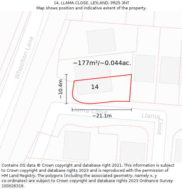 14, LLAMA CLOSE, LEYLAND, PR25 3NT: Plot and title map