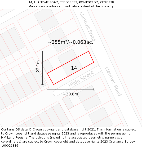 14, LLANTWIT ROAD, TREFOREST, PONTYPRIDD, CF37 1TR: Plot and title map