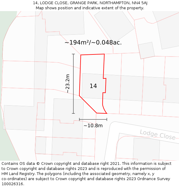 14, LODGE CLOSE, GRANGE PARK, NORTHAMPTON, NN4 5AJ: Plot and title map